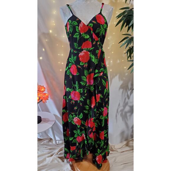 ASOS Ruffle Front Wrap Maxi Cami Dress in Bold Floral Women's Size 6 Black Pink - Picture 1 of 11